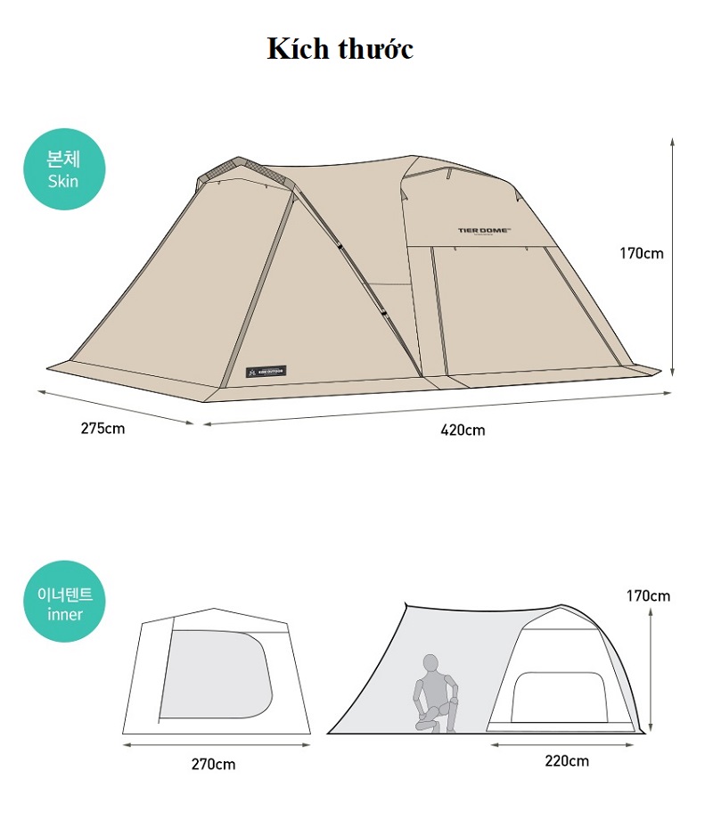 Kích thước của Lều 2 lớp du lịch Kazmi K20T3T006